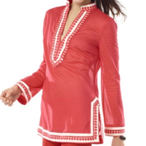 Tory Burch Tory Embroidered Cotton Sheer Tunic Top in Carnival Coral White in 8 - Picture 1 of 12